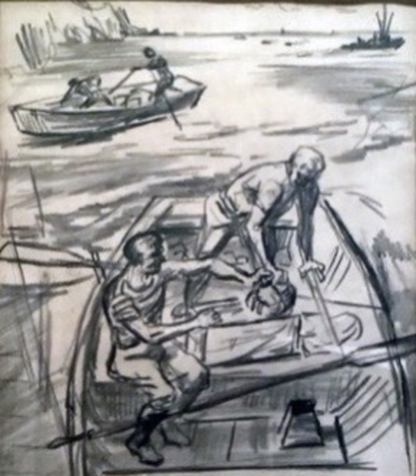 "Lobstermen in Two Dinghies, sketch" named by CLL by Fred Shane, Image 1.
