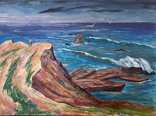 "California Coast: Men Fishing and Man with Binoculars" named by CLL by Fred Shane, Image 1.