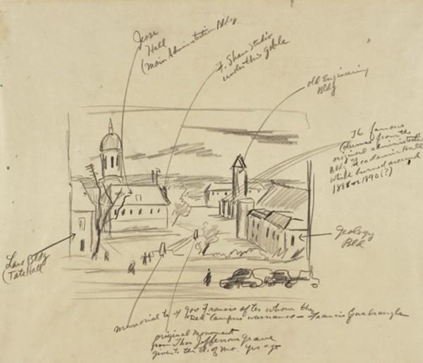 "University of Missouri, Jesse Hall" diagrammatical sketch by Fred Shane