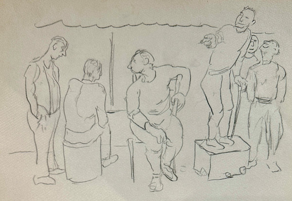"Men in a Group: Sitting, Standing, Pointing, Laughing and in Conversation" named by CLL by Fred Shane, Image 1.