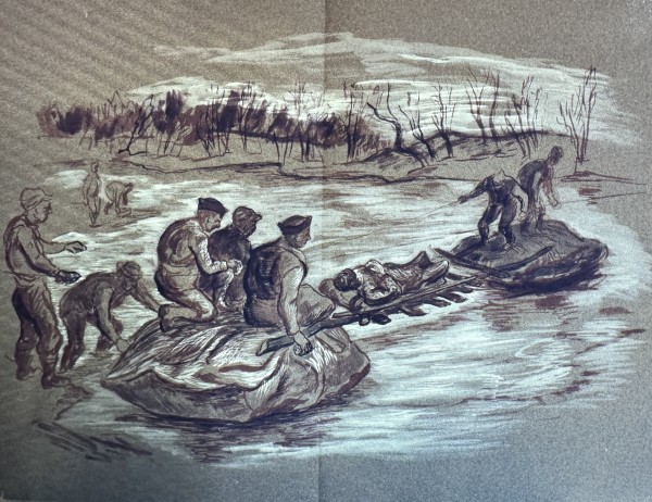 "War: Transporting Man on Stretcher over the River" named by CLL by Fred Shane, Image 1.