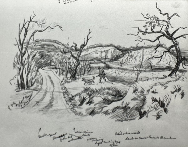 "Hunting Scene: Winter Sketch of Man and His Dog" named by CLL by Fred Shane, Image 1.