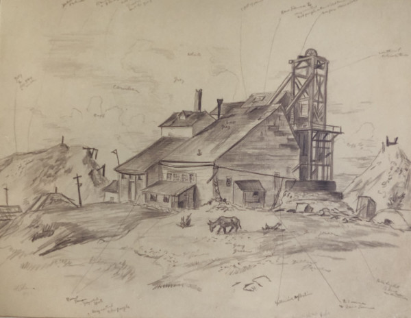 "Victor, CO Old Mine Sketch: Mine is on the Right Side" named by CLL by Fred Shane, Image 1.