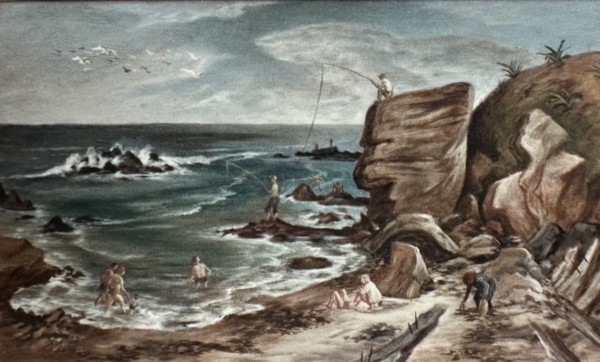 "Cove, La Jolla" aka "Beach Cove with People Fishing and Wading" named by CLL by Fred Shane, Image 1.