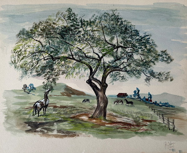 "Country Scene with Horses and Tree" named by CLL by Fred Shane, Image 1.