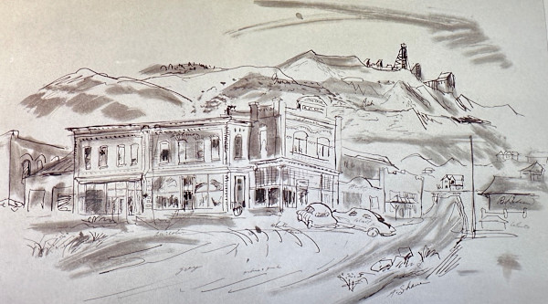 "Houses on a Corner with Mountains" maybe Colorado, named by CLL by Fred Shane, Image 1.
