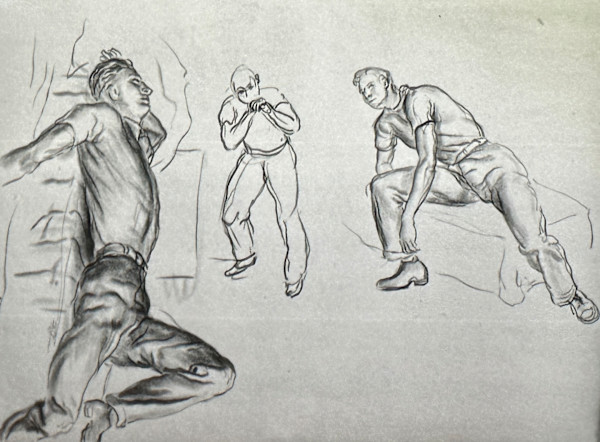 "Figure Drawing: Reclining Man, Boxer, and Man Reaching for Shoe" named by CLL by Fred Shane, Image 1.