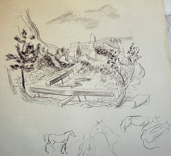 "Distant Building, Logs, Horses, Cows" Sketch by Fred Shane, Image 1.