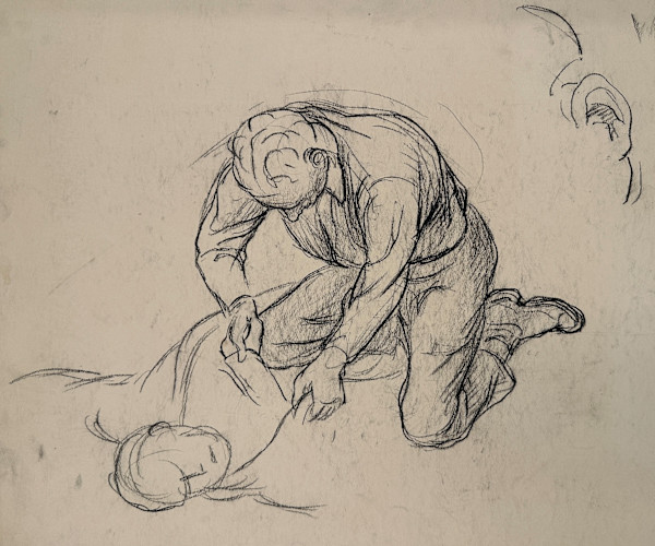 "Quantrill's Raid: Man Kneeling over Dead Body, and Study of Ear" by Fred Shane, Image 1.