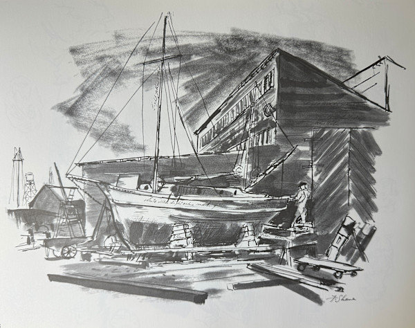 "Fellows and Stewart Shipyard, Los Angeles Harbor" study for casein painting by Fred Shane, Image 1.