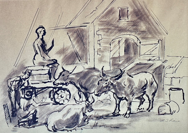 "Two Men with Three Cows and a Statue" named by CLL by Fred Shane, Image 1.