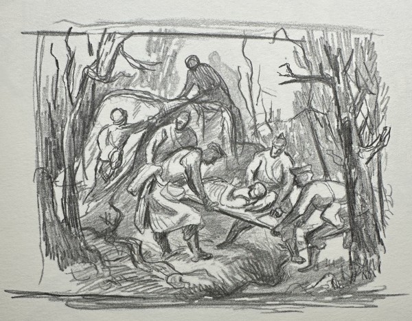 War "Army Medicine: Man on Stretcher Being Carried" sketch named by CLL by Fred Shane