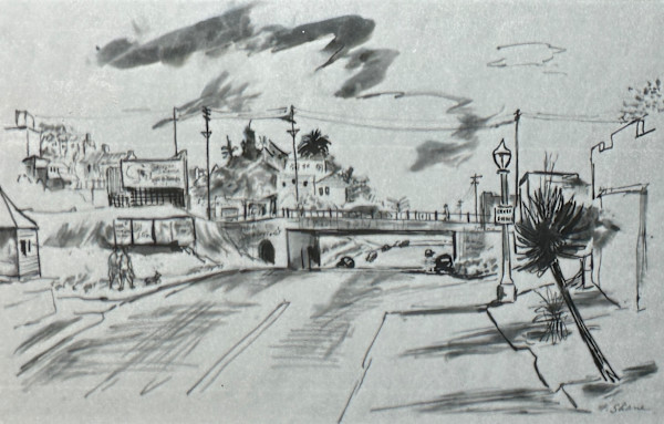 "Sepulveda Overpass" aka "Los Angeles Street and Overpass"  sketch by Fred Shane, Image 1.