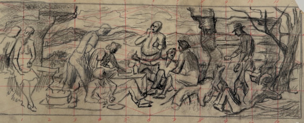 "Picnic, Lake of the Ozarks, Eldon Post Office Mural, Sketch with Transfer Grid" by Fred Shane, Image 1.