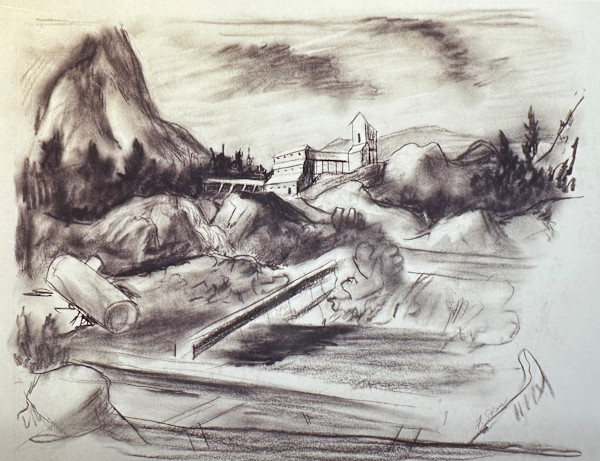 "Distant Building, Logs, without the Horses, Cows" Pen and Ink named by CLL by Fred Shane, Image 1.