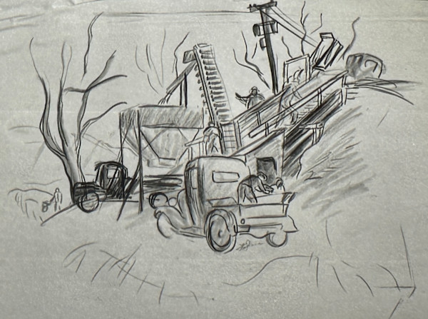 "Trucks and Men at Work at the Hopper" named by CLL by Fred Shane, Image 1.