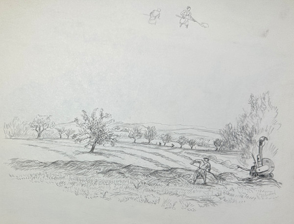 "Hay Making at the Evangelische Akadamie, Bad Boll, Germany" sketch for painting by Fred Shane, Image 1.