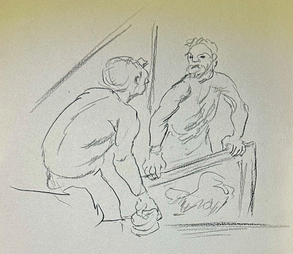 "Two Artists Standing in Conversation over a Painting" named by CLL by Fred Shane, Image 1.