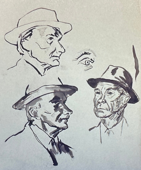 "Portrait: Three Sketches of a Man in a Fedora, and Sketch of One Eye" named by CLL by Fred Shane, Image 1.