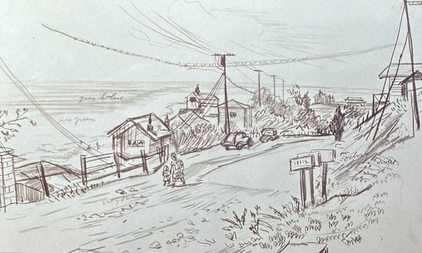 "Path Through Town with Figures, Power Poles, and Mail Boxes" named by CLL by Fred Shane, Image 1.