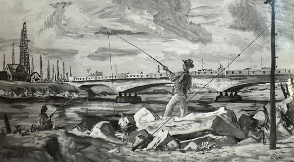 "Oil Wells and Fishermen" aka "Two Men Fishing by a Bridge"  named by CLL by Fred Shane, Image 1.
