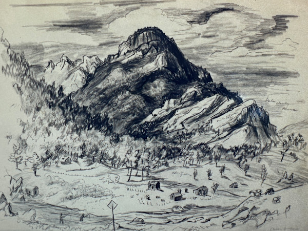 "Near Deckers (Colorado)" aka "Mountain with Farm, People, and River Below: Sketch for a Painting" named by CLL by Fred Shane, Image 1.
