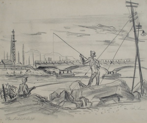 "Oil Wells and Fishermen" aka "Two Men Fishing by a Bridge, Sketch" by Fred Shane, Image 1.