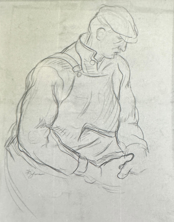 "Figure Study: Seated Man in Overalls and Cap, Initial Sketch" named by CLL by Fred Shane, Image 1.