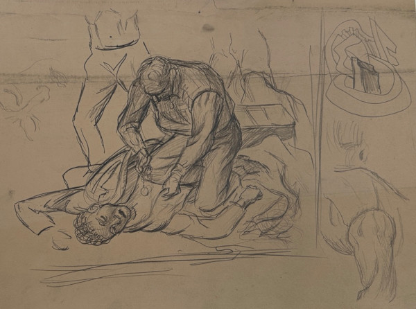 "Quantrill's Raid: Man Looting and Kneeling over Man on Ground" by Fred Shane, Image 1.