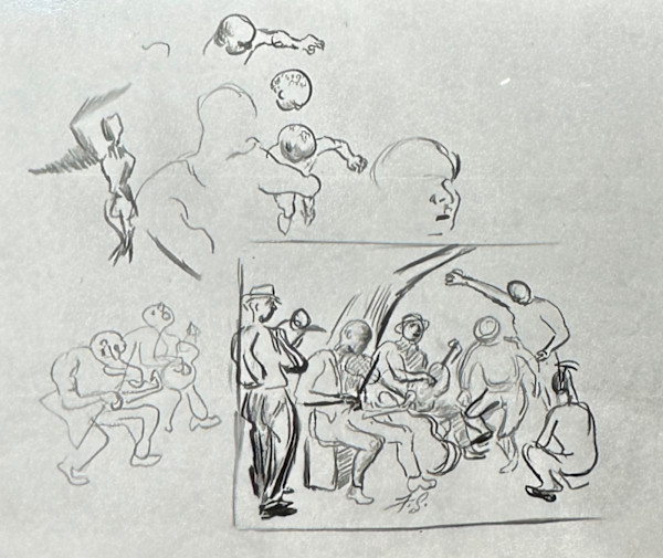"Missouri Musicians, Initial Scene, and Heads Pencil Sketch" named by CLL by Fred Shane, Image 1.