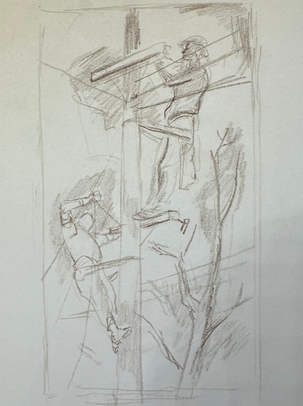 "Installing the Power Line, Sketch 1 with a Tree" named by CLL by Fred Shane, Image 1.
