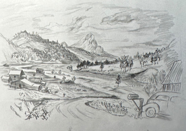 "Landscape Sketch: Country Road with Parked Car and Mail Box" named by CLL by Fred Shane, Image 1.