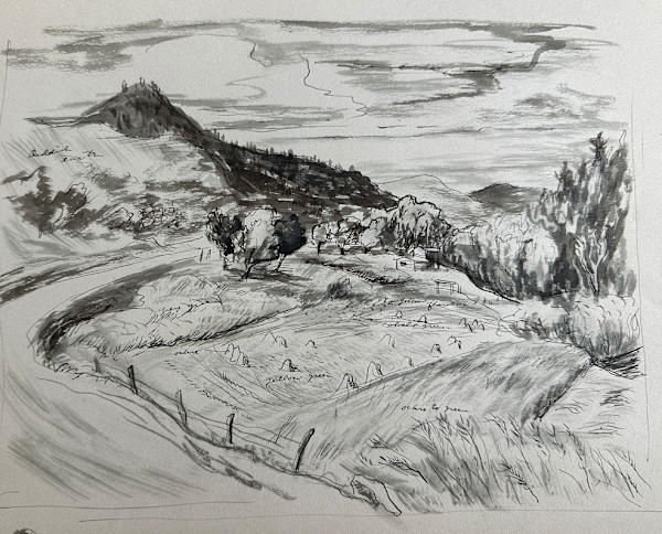 "Mountain Landscape with a Winding Road in Pen and Ink" named by CLL by Fred Shane, Image 1.