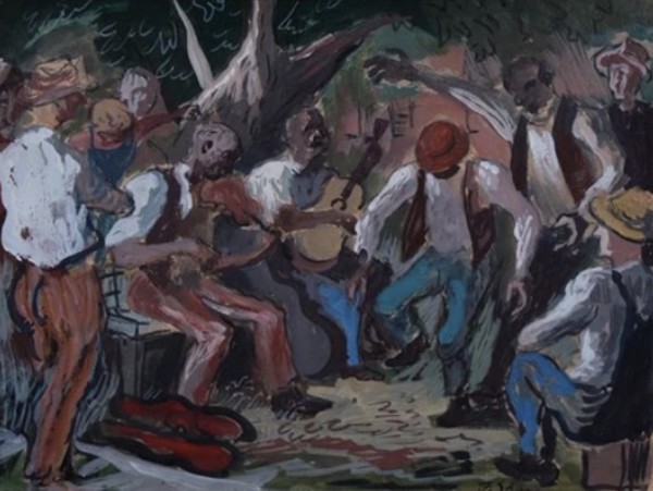 "Missouri Musicians" Painted Sketch, aka "Dancing After Work" (at Mutual Art auction news site) by Fred Shane, Image 1.