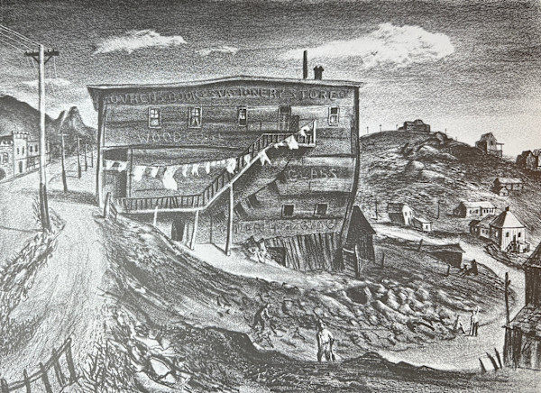 "Victor, CO Ovren's Bookstore" lithograph by Fred Shane, Image 2.