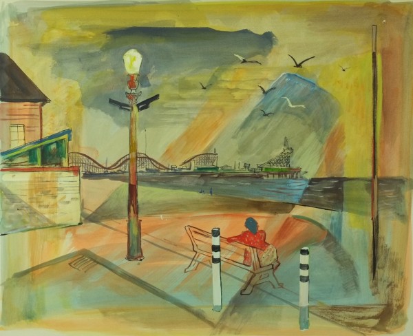 "View of Santa Monica Pier w/ Figure on Bench" aka "Ocean Park" by Fred Shane, Image 1.