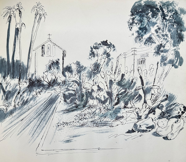 "Old Mission with Prickly Pear and Palm Trees" named by CLL by Fred Shane, Image 1.