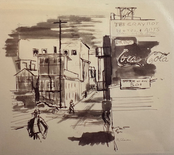 "Street Scene, Ocean Park, California" aka "Park all Day 50¢:  Sketch of City Street" named by CLL by Fred Shane, Image 1.