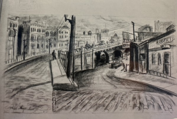 "City Scene with Overpass in Distance Below" named by CLL by Fred Shane, Image 1.