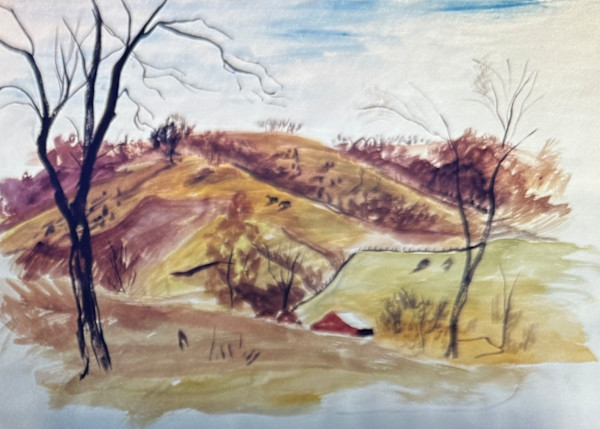 "Watercolor Landscape with a Red Barn" named by CLL by Fred Shane, Image 1.