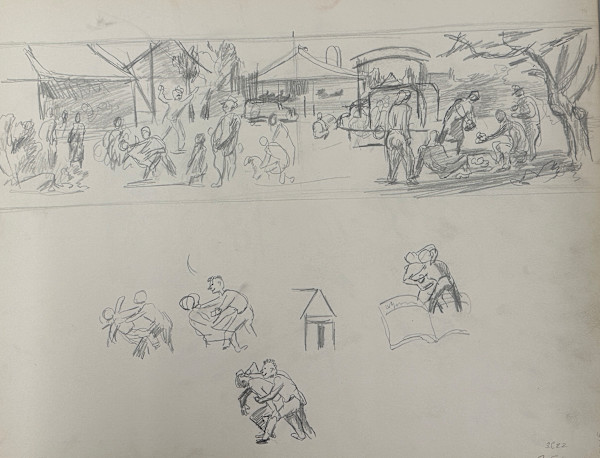 "Picnic, Lake of the Ozarks, Eldon Post Office Mural, Preliminary Sketch" aka "Study for Rural Picnic" by Fred Shane, Image 1.