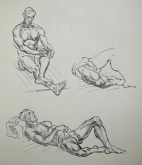 "Figure Study: Man in Three Poses, Focus on Legs" named by CLL by Fred Shane, Image 1.