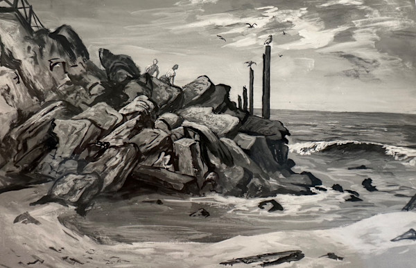 "Couple on the Rocky Coast with Gulls on Posts" named by CLL by Fred Shane, Image 1.