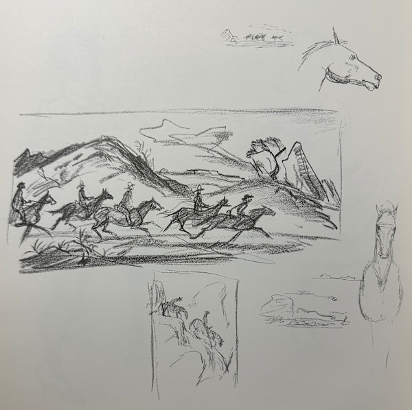 "Posse" sketch for painting aka "Horse Race: Four Horses, Riders with Hats" named by CLL by Fred Shane, Image 1.