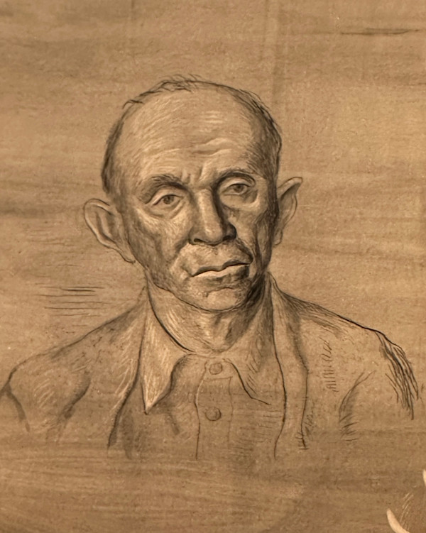 "Portrait: Man in Orange Coat and Yellow Shirt" Drawing Study named by CLL by Fred Shane, Image 1.