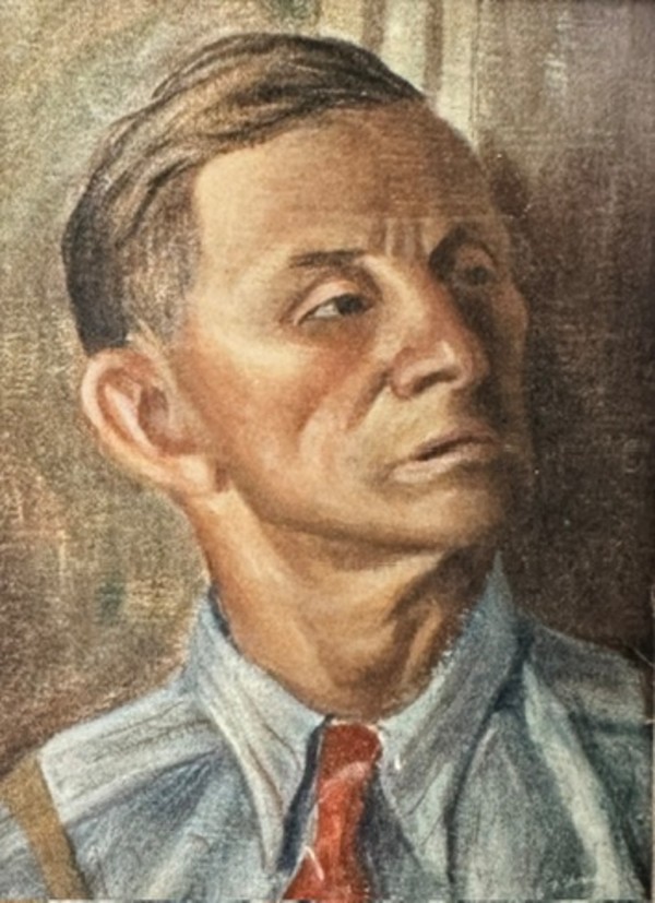 "Portrait: Man Gazing to His Left with a Red Tie and a Left Part, Painting" named by CLL by Fred Shane, Image 2.