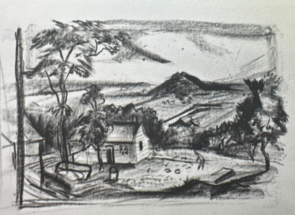 "View of Small Farm House with a Man Bending" rough sketch, named by CLL by Fred Shane, Image 1.