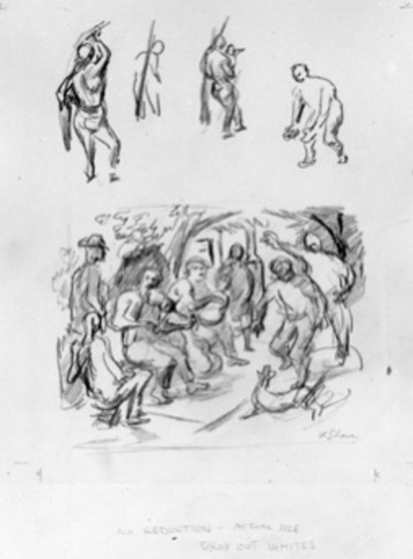 "Missouri Musicians" with figure studies and dog, sketch by Fred Shane