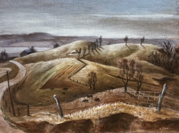 "Landscape: Rolling Hills with Trees, Fence Posts, Cows" named by CLL by Fred Shane, Image 1.