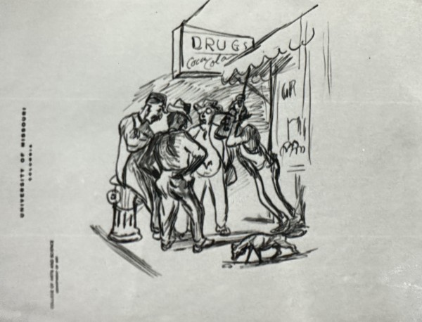 "Four Men Outside Drugstore" by Fred Shane, Image 1.